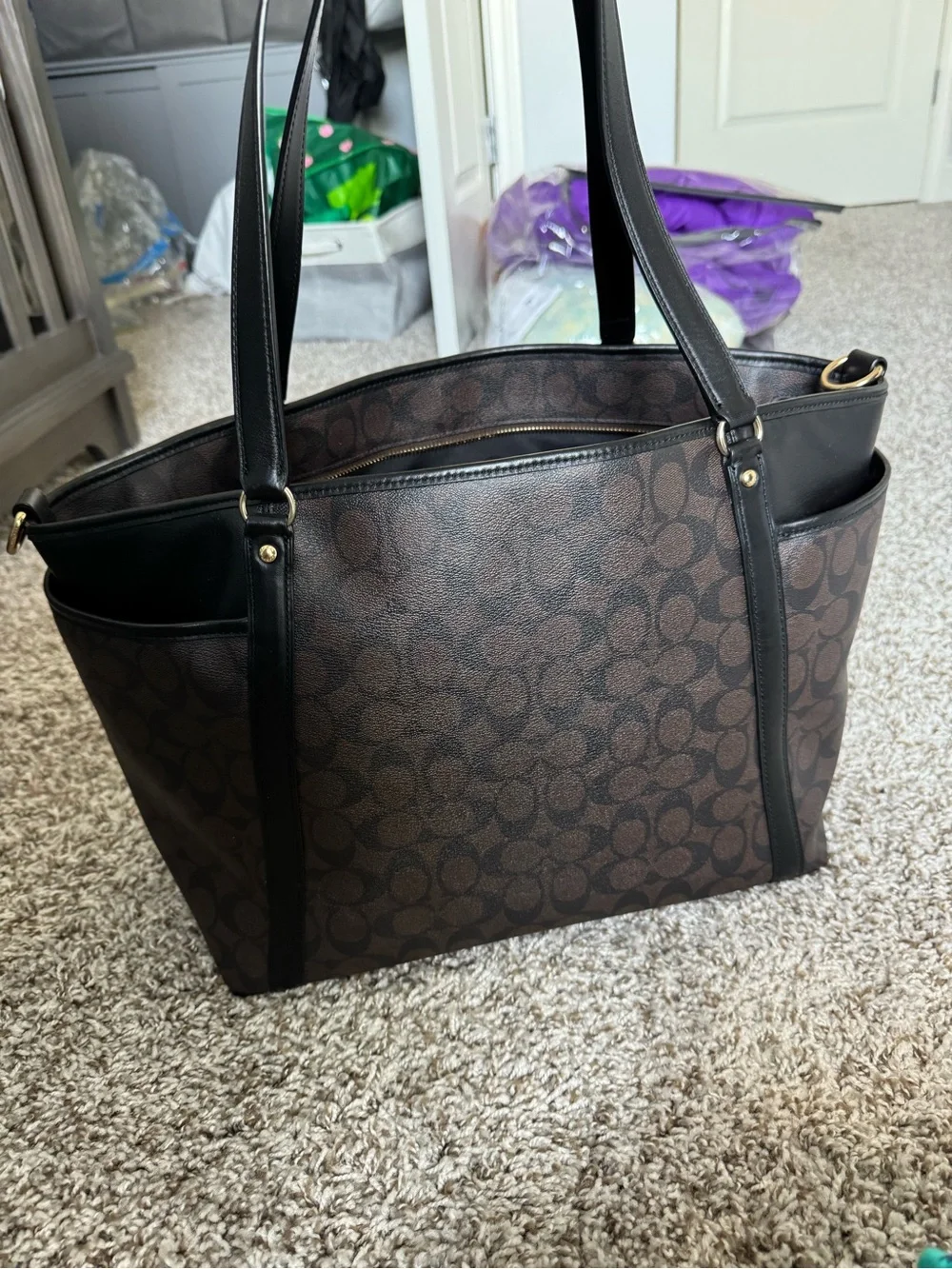 Coach Brown Signature Canvas Tote with Black Trim
